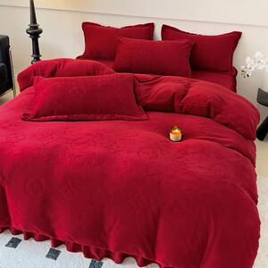 雕花牛奶绒大红色床上用品床裙四件套婚庆结婚珊瑚绒床单被套床笠