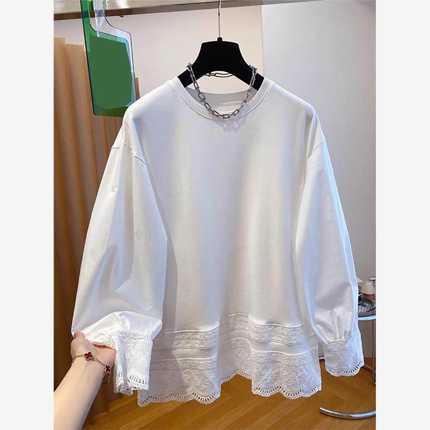 重工蕾丝拼接设计感长袖T恤女春秋宽松韩版内搭打底衫泡泡袖上衣