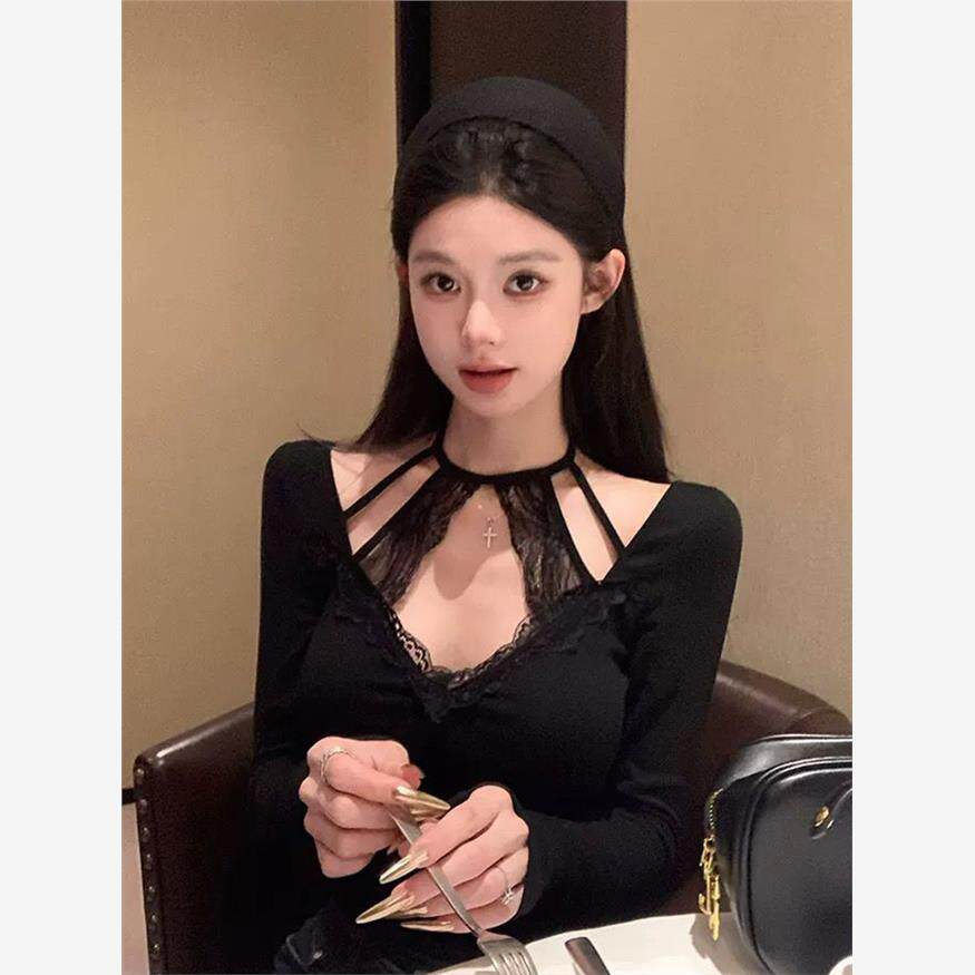 加码蕾丝吊领v领长袖t恤的女人在春天纯粹的欲望风格略胖显瘦的设