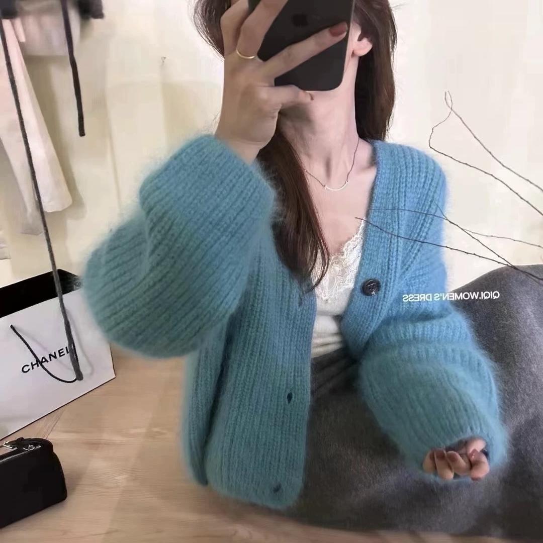 高级感奶fufu蓝色水貂绒短款毛衣开衫外套女2025新款早秋慵懒上衣