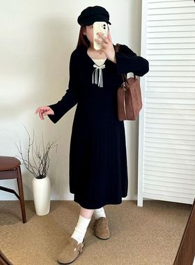 大码女装蕾丝蝴蝶结假两件连衣裙女毛衣裙2025冬胖mm针织裙23361