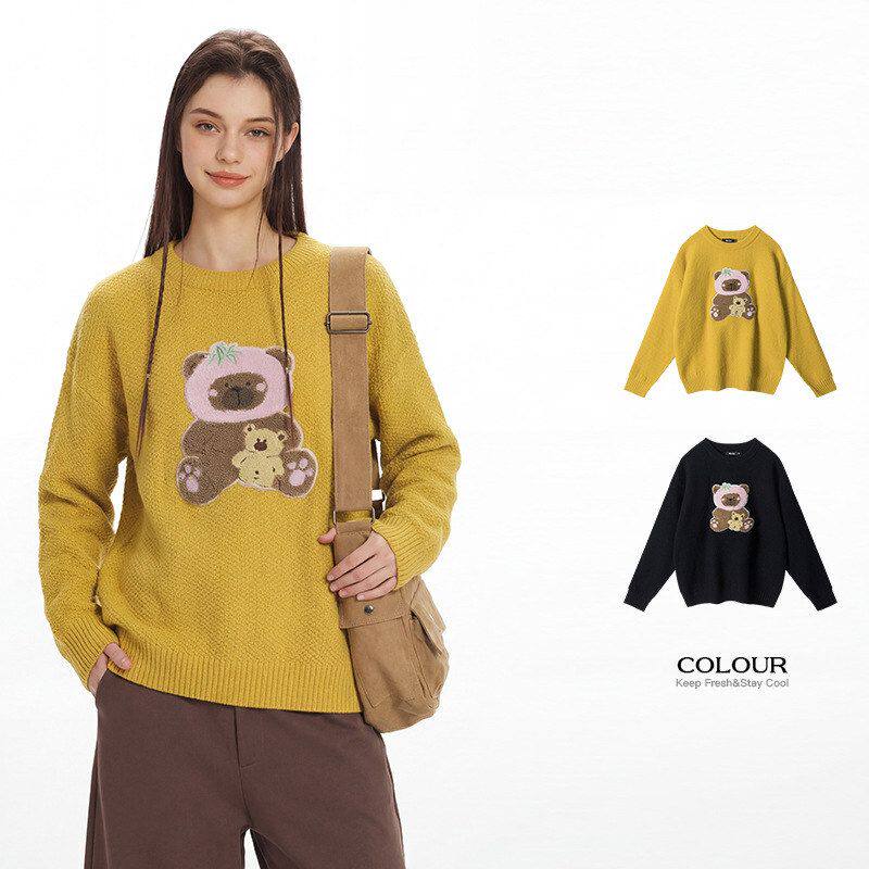 HeyHenry 韩版宽松圆领情侣毛衣男女套头慵懒小熊秋冬外穿针织衫