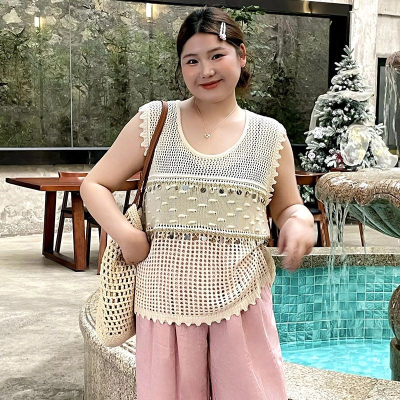 大码女装设计感镂空无袖上衣女2025夏款胖mm民族风针织背心23006