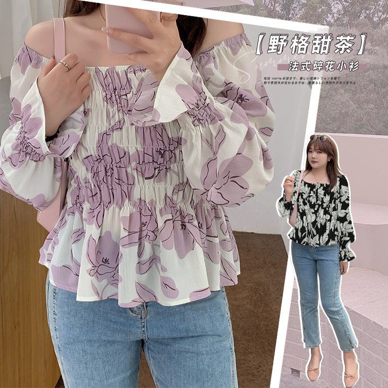 Y848轩辰微胖大码韩版小清新千层弹碎花雪纺衫春夏款胖MM性感上衣