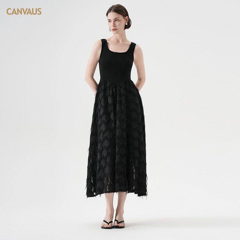 CANVAUS女装新品时尚U领雪纺提花流苏吊带背心连衣裙无袖中长裙
