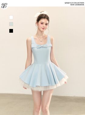 QDQD 富家千金风吊带洋装夏季收腰显瘦高级感拼接网纱蓬蓬裙女