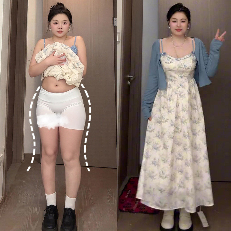 大码胖mm碎花吊带连衣裙女夏季遮肚显瘦梨型身材高级感裙子两件套