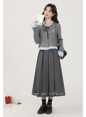 张汽水2025秋冬新款灰色百褶半身裙女学院风小个子高腰气质a字裙