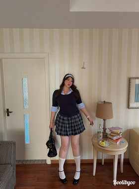 Boolibyoo美高穿搭 大码复古美式学院风格纹抽绳松紧腰百褶半身裙