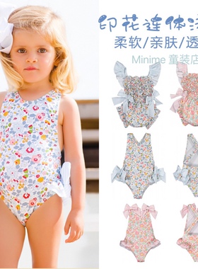 25夏新sal*女童泳衣婴儿连体吊带游泳衣蓝色粉色印花可爱沙滩泳衣