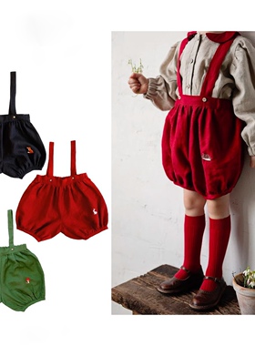 25夏款男女孩儿童宝宝可爱棉麻背带短裤森系动物刺绣百搭花苞裤子