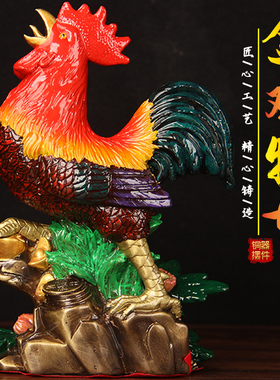 彩绘铜公鸡铜铸造金鸡牡丹摆件家居装饰品复古工艺品金鸡报晓摆设