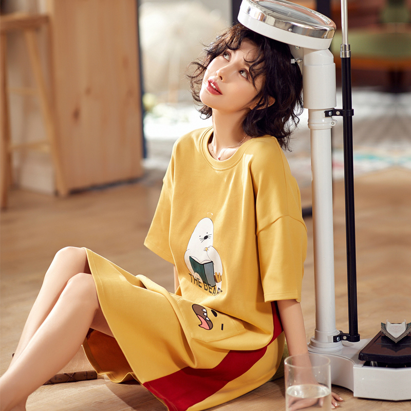 睡裙女夏季纯棉薄款全棉可爱夏天大码胖mm孕妇可外穿女士睡衣宽松