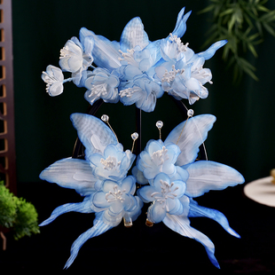 天使新娘绢纱桃花簪花头饰真丝烫花发夹超仙蝴蝶古典舞甜系女主