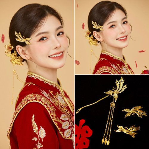 新娘头饰龙凤褂金色凤凰发夹高级