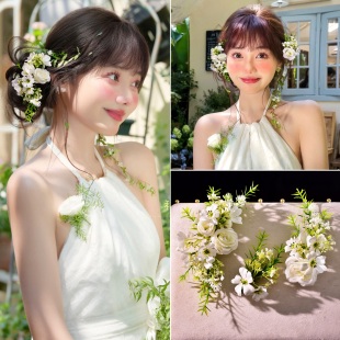 新款 田园风浪漫婚礼盘发造型拍照田园仙美 森系绿植发夹花朵法式