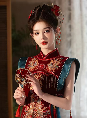 新娘头饰红色绒花高端大气串珠流苏发饰新娘晨袍中式秀禾气质头饰