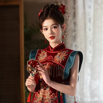 中式红色秀禾绒花发饰套装