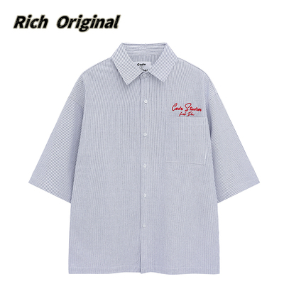 h美式蓝色条纹短袖衬衫男女夏季