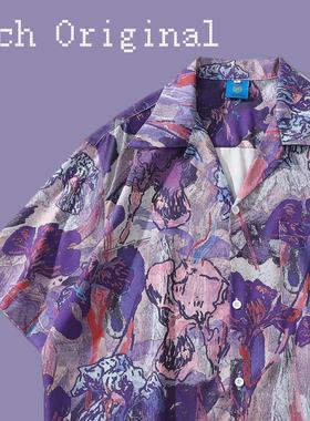 vintage衬衫男古巴领花情侣港味复古宽松紫色慵懒设计感沙滩衬衣