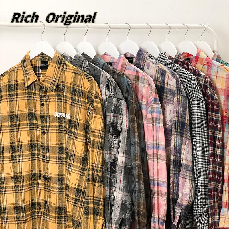 美式复古撞色格纹开衫长袖衬衫男