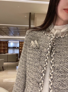 Sin boutique 巴黎回忆小香风外套灰色粗花呢气质山茶花上衣女