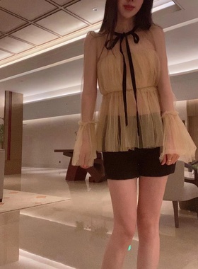 Sin boutique 光泽拼接vintage小香风上衣喇叭袖网纱蝴蝶结衬衫女