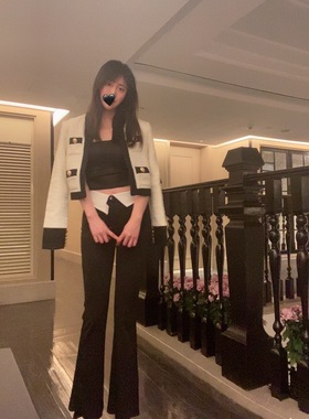 Sin boutique时髦人离不开的压力裤翻折腰头设计黑色休闲微喇长裤