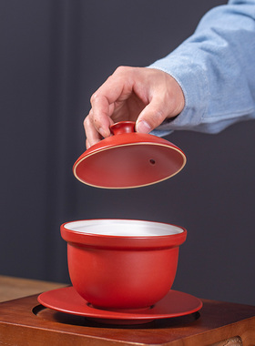 酒店会所位上一人份红色耐热保温高档中式陶瓷汤炖盅燕翅鲍带盖座