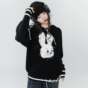 黑色兔子绑带针织毛衫 SugarBoo甜不原创设计上衣女打底外穿春秋季