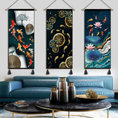 中式 饰画玄关布画 九鱼图挂画布艺贵族简约客厅餐厅挂毯酒店卧室装