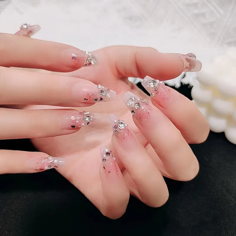 B634蔷薇蜜茶梯形长款腮红穿戴甲假指甲可拆卸美甲贴片工厂直销