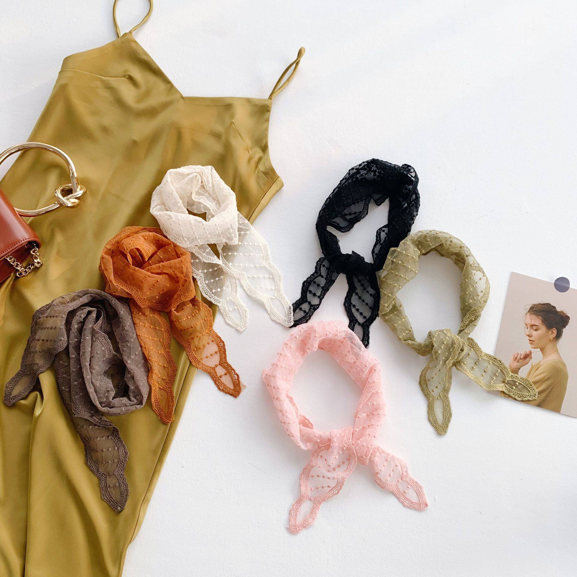 韩国甜美刺绣花边蕾丝三角巾女防晒装饰绑包薄款网纱小丝巾百搭