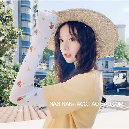 网红防晒冰袖女印花夏季薄款网纱透气套指手臂袖套潮假袖子