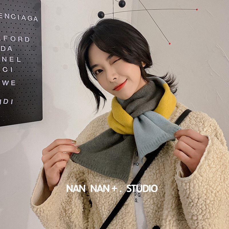 韩国三色拼接长款针织毛线围巾女气质减龄百搭窄小围脖潮秋冬