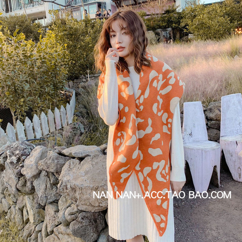 韩版豹纹印花大菱形针织围巾披风女秋冬长款大披肩气质围脖双面潮