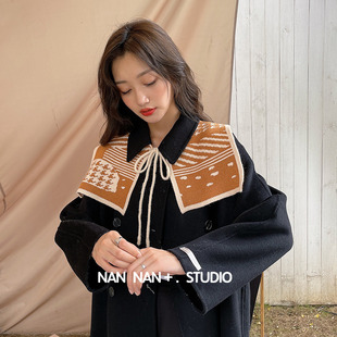 复古系带小披肩女针织几何印花海军方领子坎肩装饰围巾外搭潮气质
