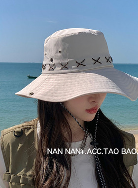 美式复古交叉绳子渔夫帽女春夏百搭户外登山钓鱼大檐防晒遮阳帽子
