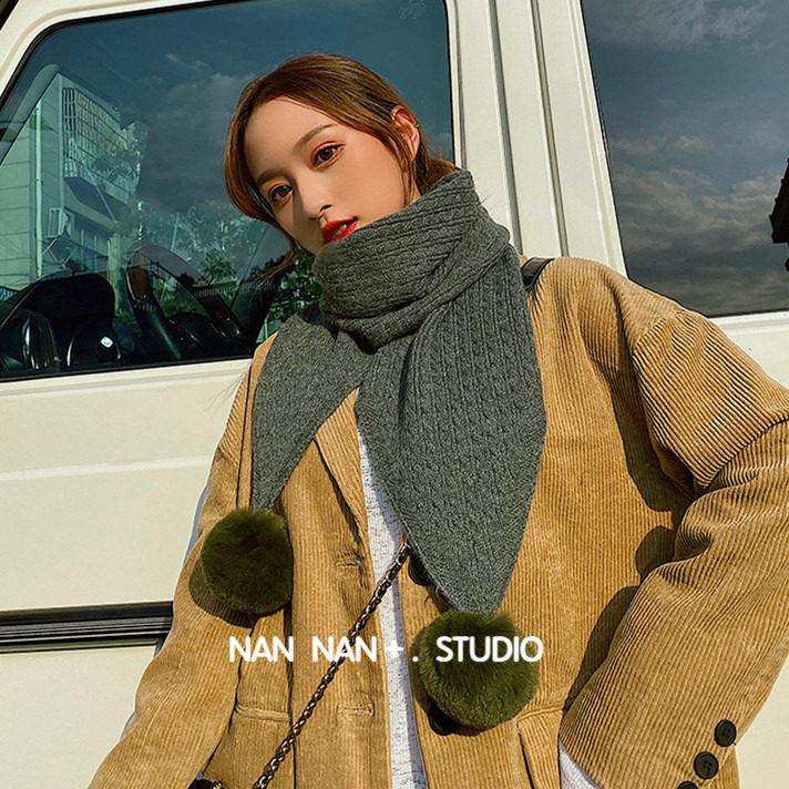 韩国少女心麻花毛线围巾女冬季带球球可爱百搭长款毛球针织围脖潮