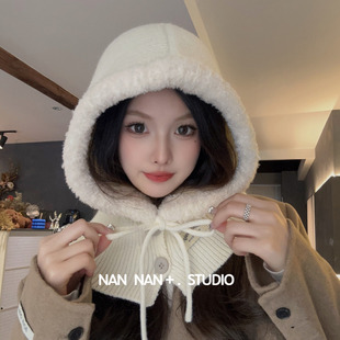 巴拉克拉法帽毛绒拼接纽扣连帽围脖一体秋冬护颈系带懒人针织帽子