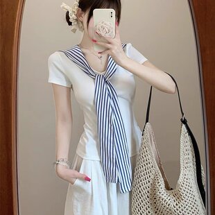 披肩上衣 t恤正肩夏小个子修身 原版 品质学院风白色海军领短袖