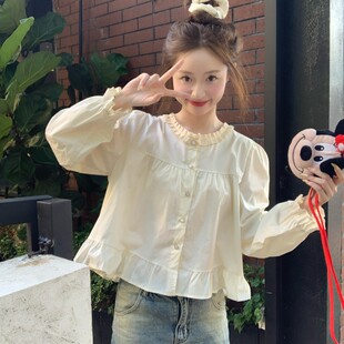 衬衫 实拍实价 甜美蕾丝花边圆领喇叭袖 法式 女 2026春季