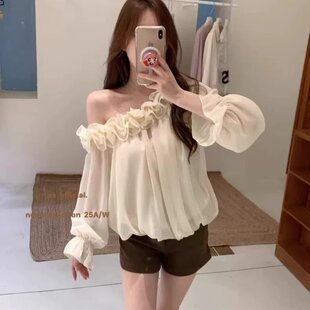 法式 女秋季 chic衬衣宽松设计感露肩上衣 衬衫 温柔风粉色一字肩长袖