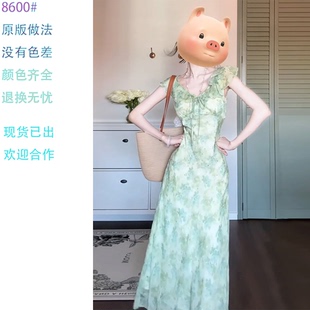 海边度假独特漂亮绝美长裙 夏季 绿色小飞袖 碎花连衣裙子女2026新款