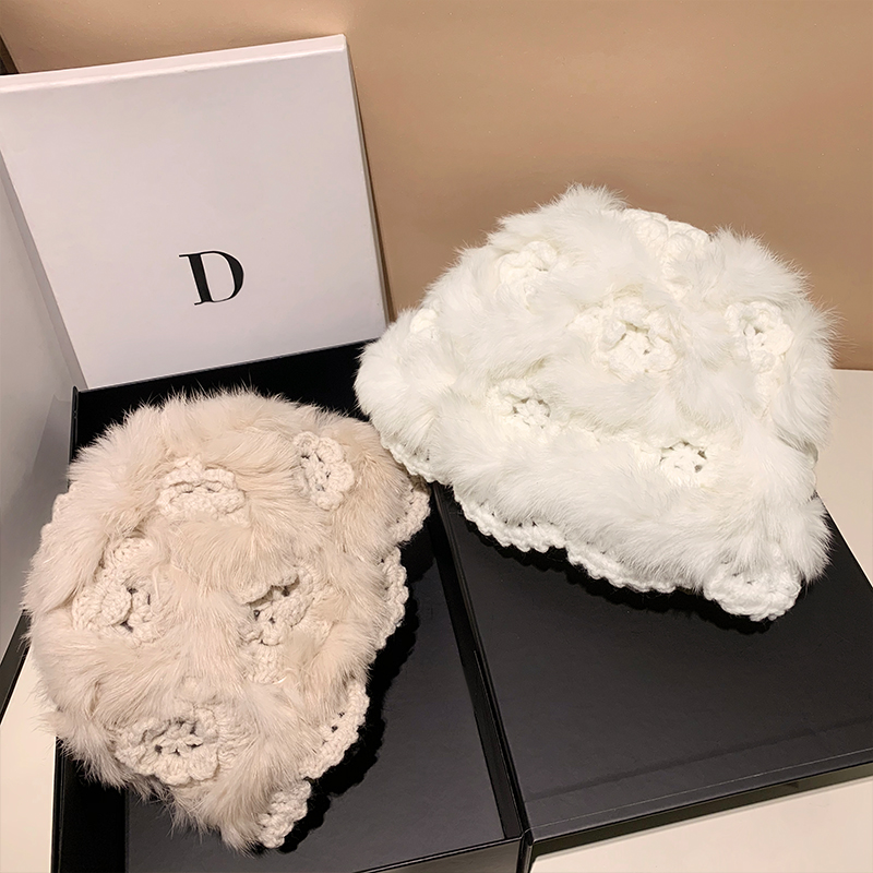 手工钩针兔毛皮草保暖百搭针织毛线帽女秋冬季韩版镂空花朵毛绒帽