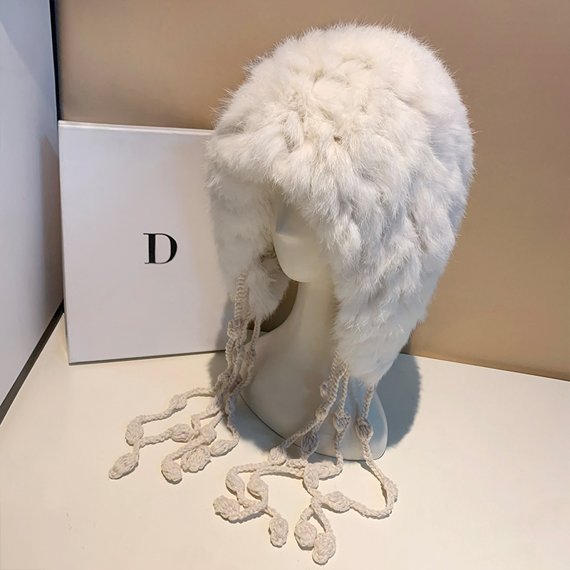 流苏红色兔毛针织毛绒帽女冬季