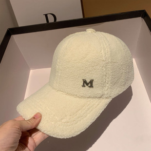 韩版M字母棒球帽子女秋冬季羊羔毛百搭保暖时尚显脸小鸭舌帽潮