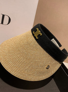 金属字母草帽女夏季帽子草编空顶遮阳帽防紫外线沙滩太阳帽