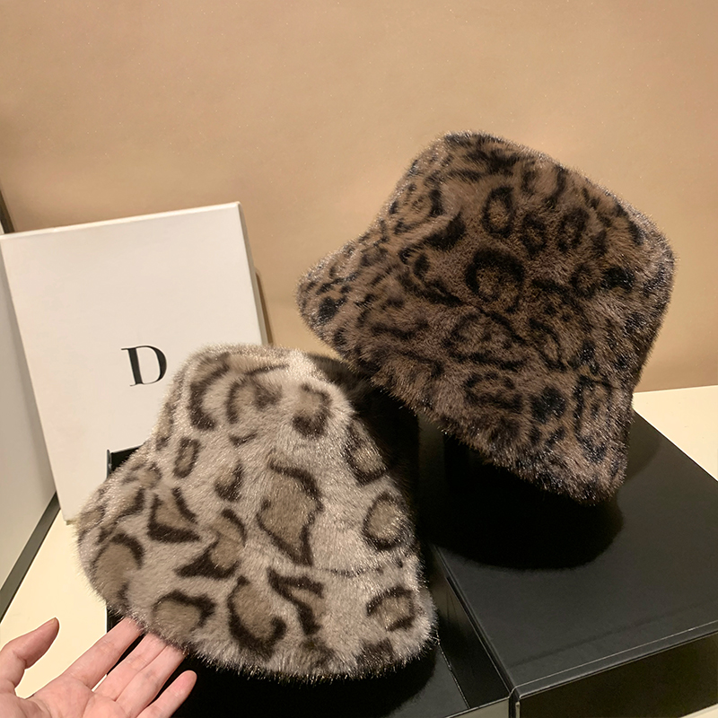 豹纹渔夫帽女秋冬季加厚保暖百搭