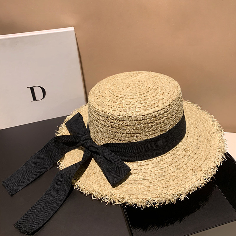 拉菲草蝴蝶结绑带毛边草帽女夏季小清新度假出游太阳帽遮阳沙滩帽